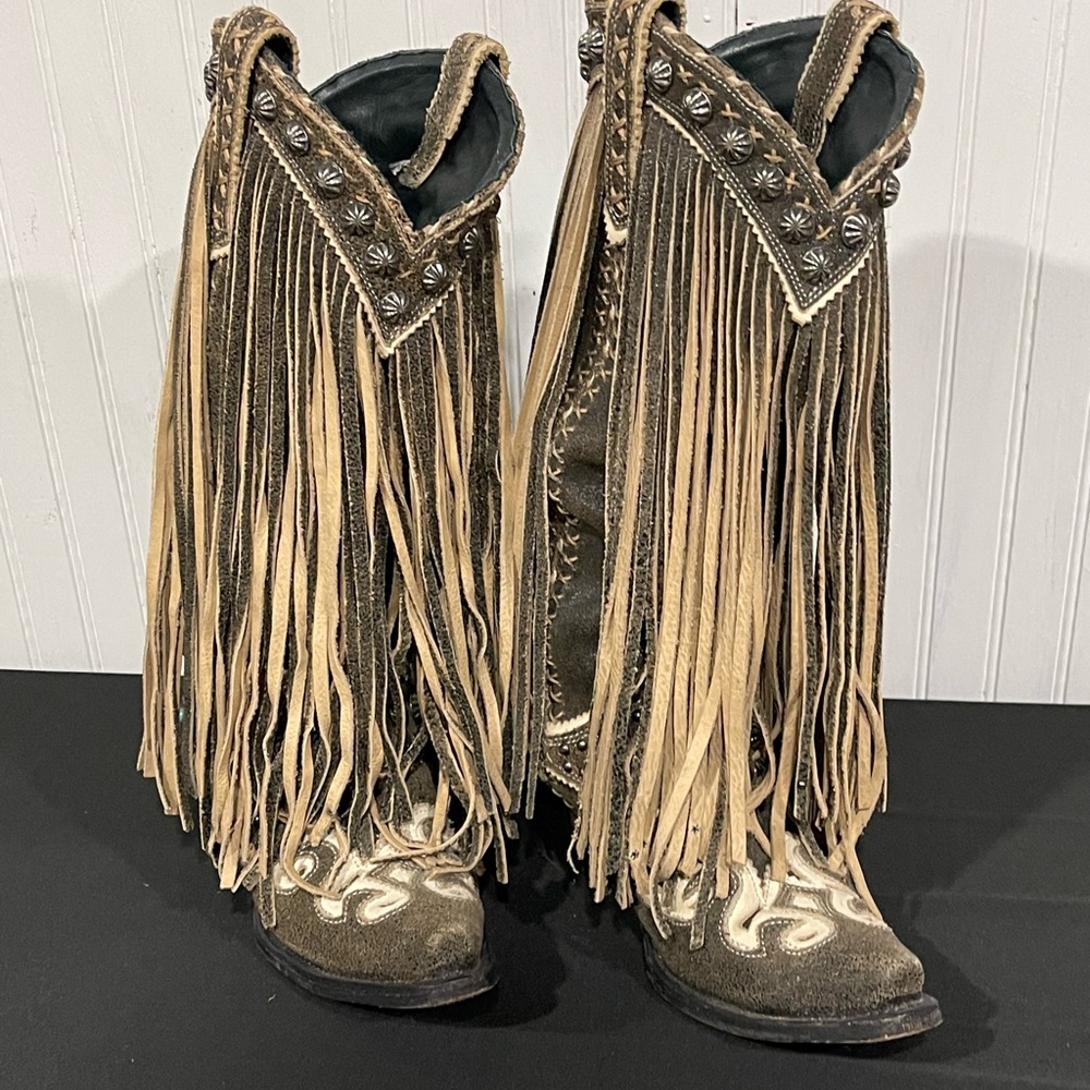 Double D Ranch Tan & Cream Fringed Embellished Boots Size 8